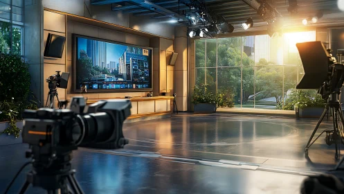 Sunlit modern TV studio ready for stories to unfold.