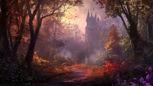 Enchanted Castle Through Autumn's Golden Forest Path