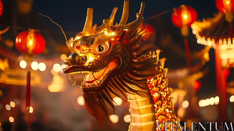 Photorealistic dragon lantern amid festive bokeh lighting.