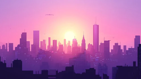 Neon sunrise melts across a dreamy violet megacity skyline.
