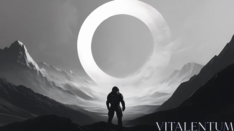 Solitary astronaut studies luminous ring over alien valley