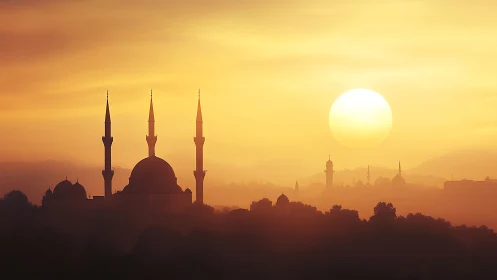 Golden mosque silhouette under expansive sunrise sky.