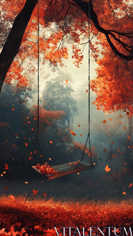 Wooden swing hangs under dense autumn foliage in mist
