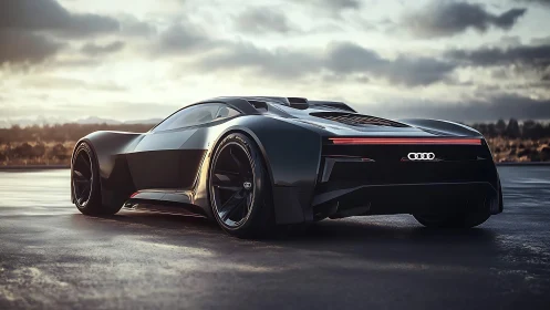 Futuristic black Audi hypercar stands on wet runway at dusk