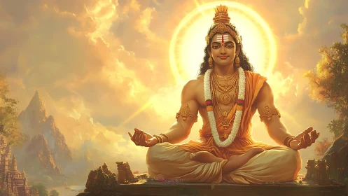 Radiant meditating deity seated before sunlit mountains