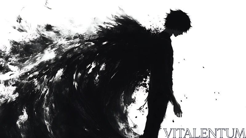 Shadowed figure dissolves into swirling black ink storm.