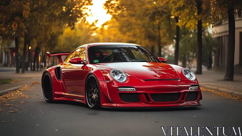 Red sports coupe is parked on a tree-lined urban street