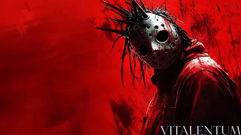 Spiked metal mask horror figure on saturated red textured backdrop