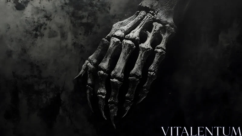 Skeletal hand emerging from dark textured background.
