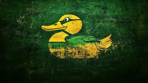Cheerful yellow duck logo on rustic green backdrop.
