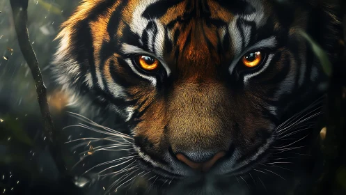 Mesmerizing tiger eyes blaze through shadowed jungle dusk.