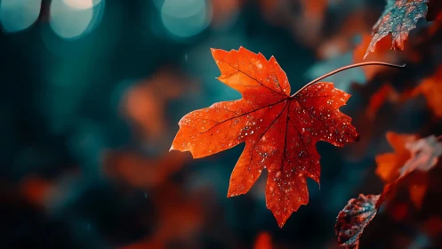 Macro study of dewy red maple leaf against teal bokeh field