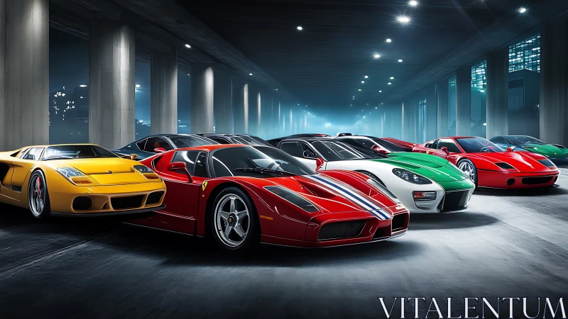 Underpass lineup of hypercars in dramatic studio light.