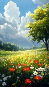 Sunlit wildflower meadow stretches beneath towering clouds