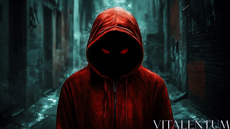 Hooded faceless figure with red glowing eyes in cyber alley