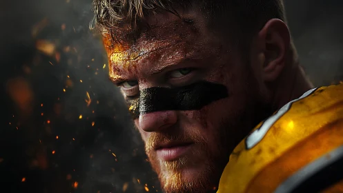Gritty close-up of intense football player in dark scene.