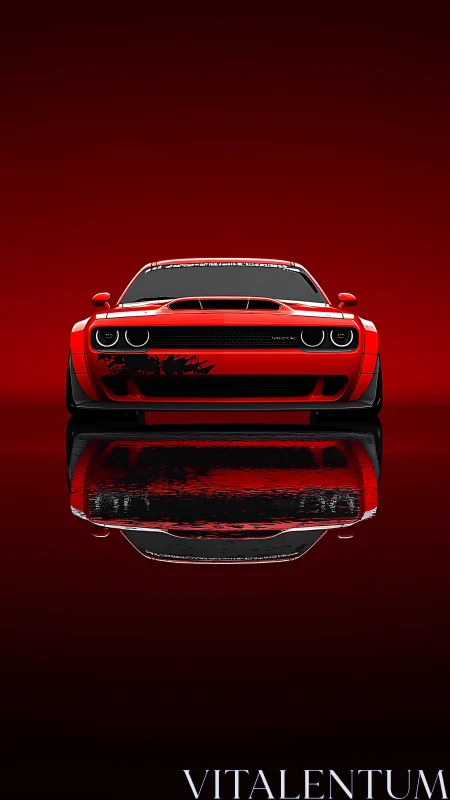 Red muscle car front portrait on glossy reflective ground.