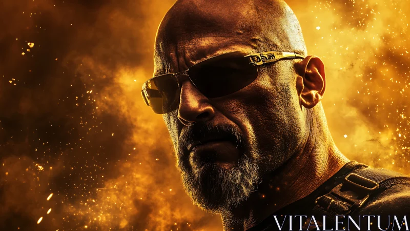 Bald man with sunglasses lit by intense golden backlight