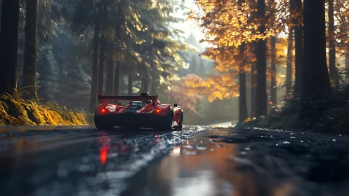 Red track car on wet forest road in cinematic autumn light.