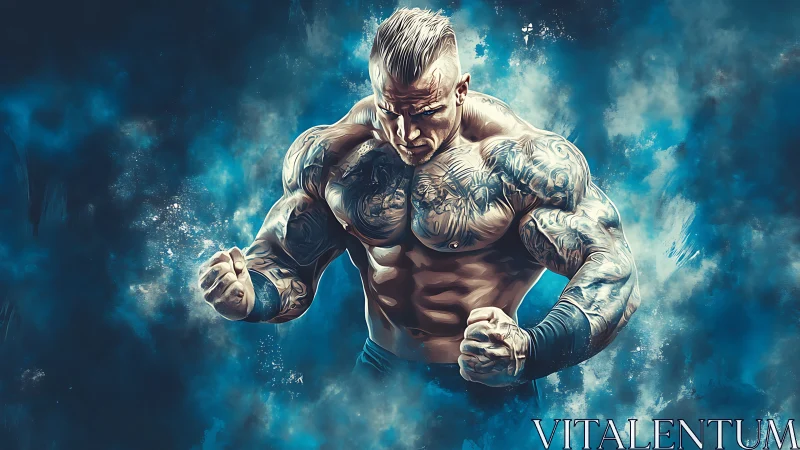 Tattooed muscular fighter framed by dynamic blue smoke.
