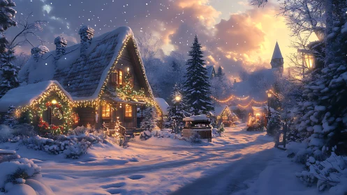 Snowy cottage glows with gentle holiday warmth at dusk
