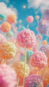 Dreamy pastel garden blooming with vibrant spherical flowers.
