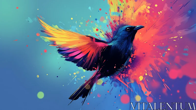 Digital illustration of flying bird in multicolor splatter field.