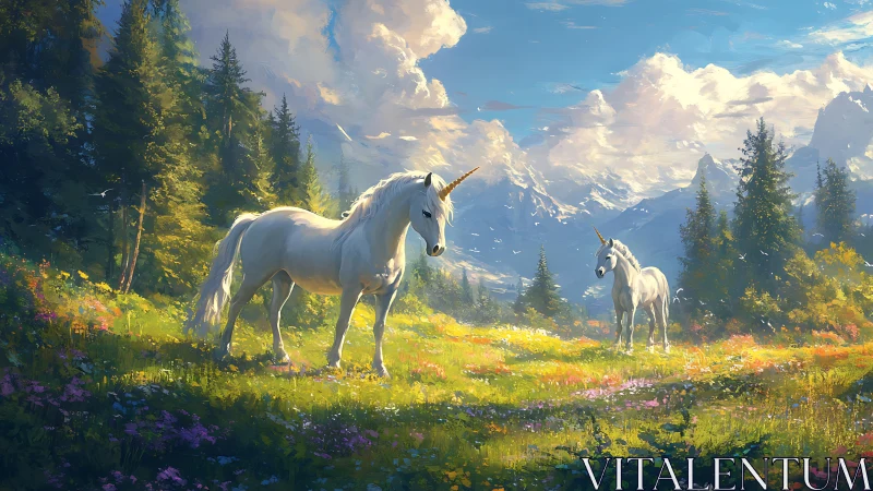 Sunlit unicorn meadow under cloud-kissed mountain guardians.