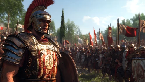 Roman legionary commander in sunlit battlefield formation.