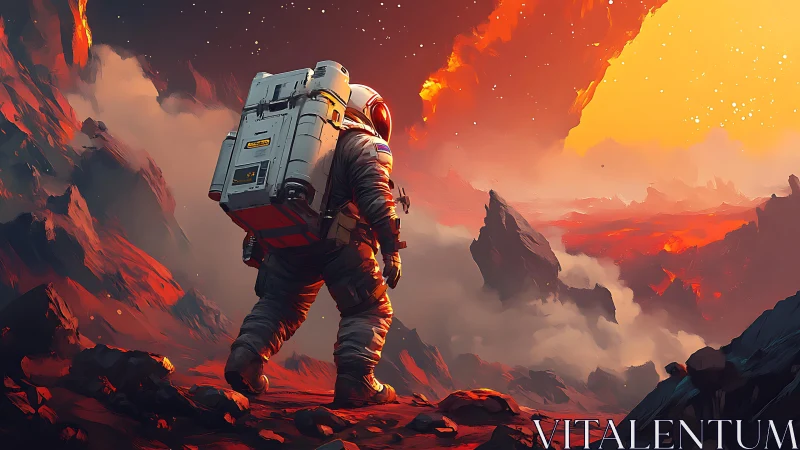 Lone astronaut steps bravely across a glowing alien frontier