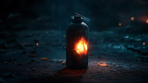 Metal container with burning fire against dark urban background