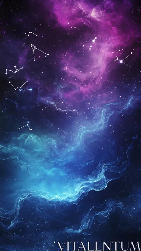 Digital starfield displays constellations within colored nebula