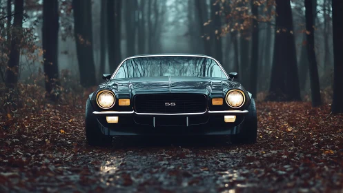 Classic muscle car glows softly in a misty autumn forest.
