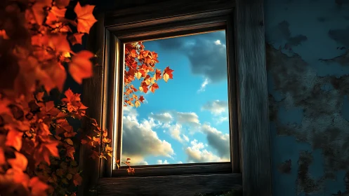 Window frame view of blue sky and clouds with autumn foliage.