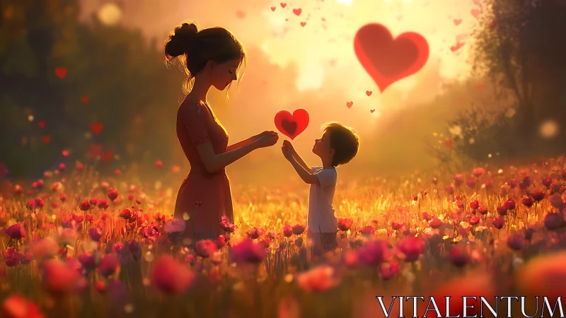 Mother and Child Share Love's Glow in Blooming Garden.