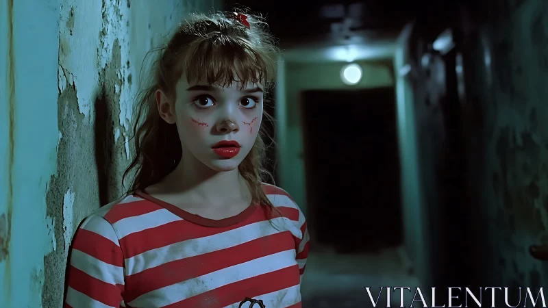 Haunted hallway girl in red stripes with wide, wondering eyes.