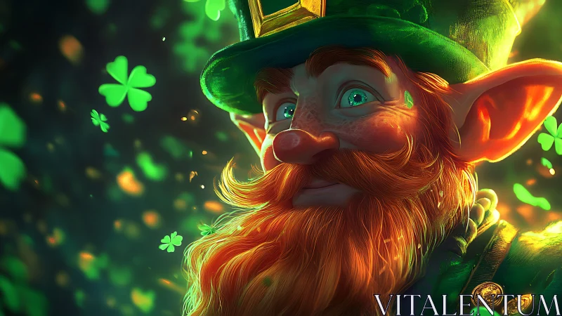 Leprechaun portrait with glowing shamrocks and warm bokeh light