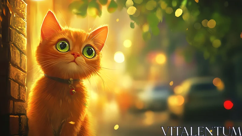 Golden Cat with Bright Green Eyes Peering from Brick Corner.