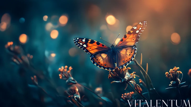 Digital painting of monarch butterfly in cinematic bokeh field.