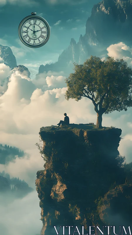 Solitary figure on cliff with floating clock above clouds.