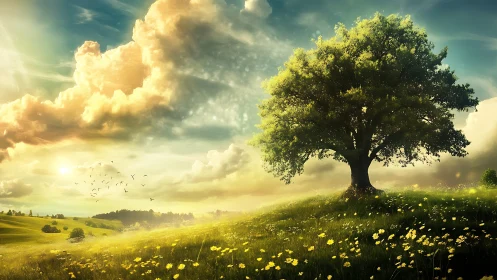 Luminous lone tree on sunlit meadow under dramatic sky.