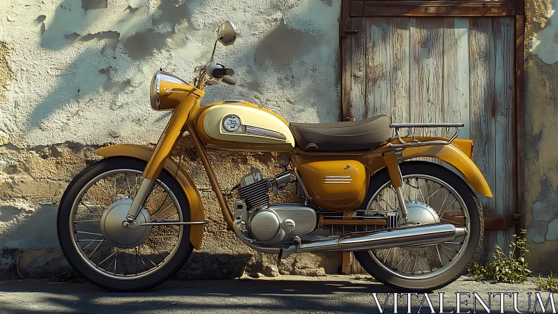 Sunlit vintage scooter rests by timeworn plaster wall.