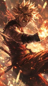 Fiery anime warrior unleashes explosive kinetic power.
