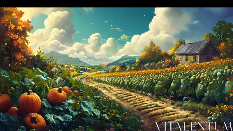Golden pumpkin farm path winds toward a sunlit autumn cottage