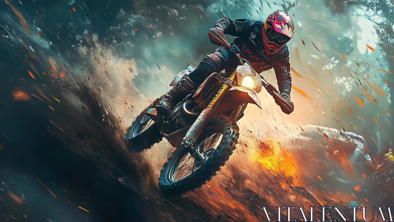 Motocross rider powers through dirt with vivid sparks.