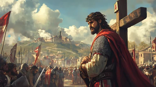 Crowned martyr stands calm as crusader host floods the valley