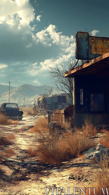 Desert highway ruin beneath bright drifting clouds at dusk.