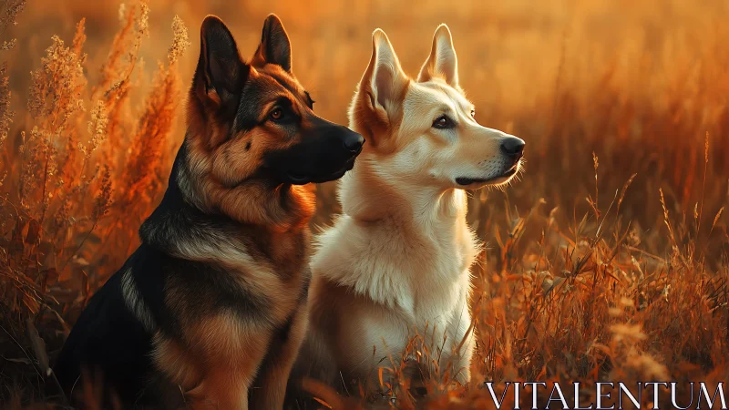 Two shepherd dogs in sunlit golden field at sunset light.