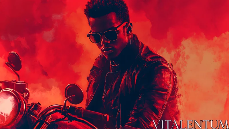 Motorcycle rider in red neon smoke, moody digital portrait.