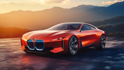 Sunlit red concept coupe with sculpted bodywork at dusk.